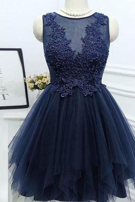 Simple A-Line Navy Blue Homecoming Dress with Appliques Beading