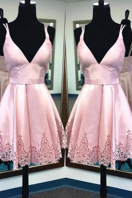 Cute pink v neck short prom dress,pink homecoming dress