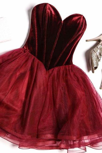 A line sweetheart neck tulle short prom dress,Burgundy homecoming dress
