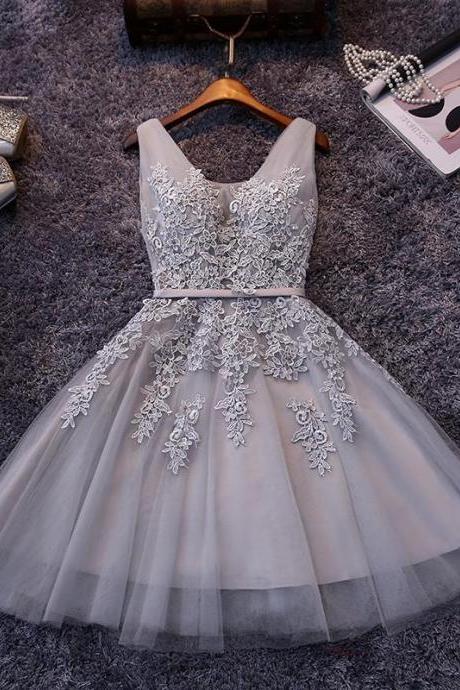 A Line V-neck Lace Applique Homecoming Dress,Silver Gray Short Prom Dress For Teens