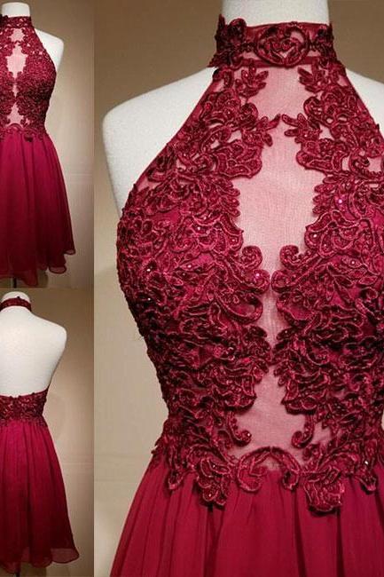 High Neck Burgundy Lace Short A-Line Homecoming Dress,Backless Short Prom Dress