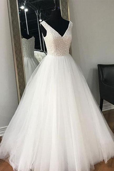White V-Neck A-Line Prom Dress,Beaded Tulle Evening Dress,Elegant Wedding Dress