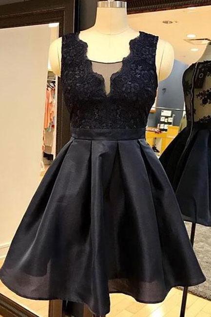 A-Line V-Neck Black Homecoming Dress,Sheer Lace Short Prom Dress