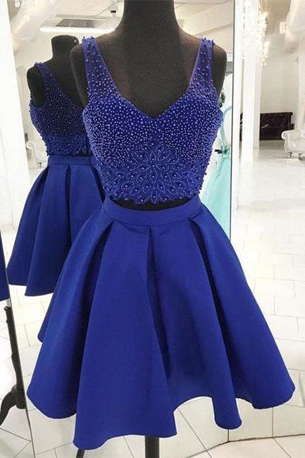 Blue beaded two pieced A line short prom dress,blue homecoming dress