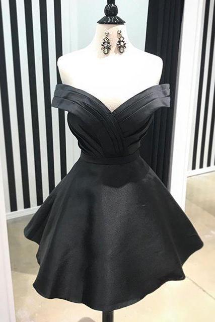 Cute Black Off Shoulder Satin Homecoming Dress,Pleated Short Prom Dress 