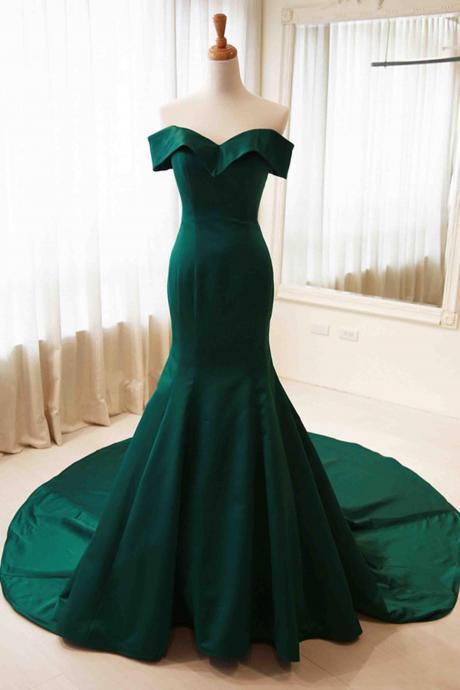Elegant green off-shoulder mermaid long prom dress,Sweep train formal dresses