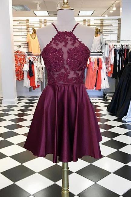 Burgundy Lace Halter Homecoming Dress,Satin Short Prom Dress 