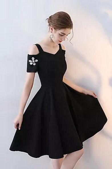 Simple Black Straps Beaded Short Prom Dress with Sleeves,A-Line Short Party Dress