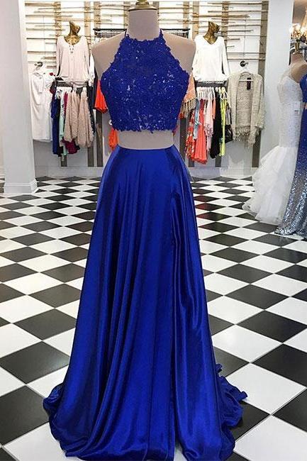Royal Blue Two-Piece Long Prom Dress with Lace Top,Blue Evening Dress with Split