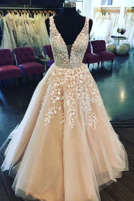 Lace Applique V-Neck Long Prom Dress,Champagne Sleeveless Tulle Formal Dress,2018 Evening Dress
