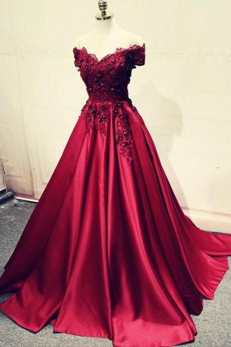 Burgundy Lace Off Shoulder Satin Prom Dress,Lace Beaded Long Evening Dress,2018 Formal Prom Gowns