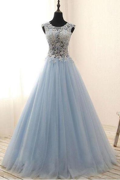 Light Blue Scoop Neck Applique Lace Prom Dress,Blue Evening Dress