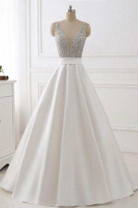 Stunning White A-Line V-Neck Satin Prom Dress with Beaded Bodice,Sleeveless Backless Evening Gowns