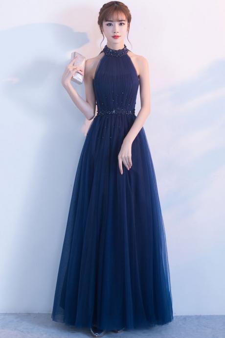 Elegant Dark Blue Tulle Long Prom Dress,Beaded Blue Bridesmaid Dress