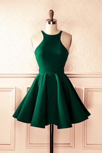 Cute Dark Green Halter Backless Homecoming Dress,Satin Short Prom Dress