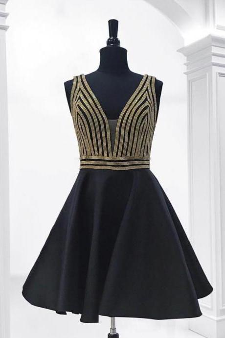 Cute Black V-Neck Straps Beaded Chiffon Homecoming Dress,Sleeveless Party Dress