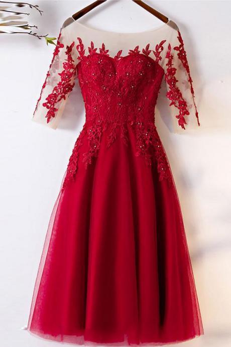 Red Applique Tulle Round Neck Prom Dress,Tea Length Half Sleeves Evening Dress,Wedding Party Dress
