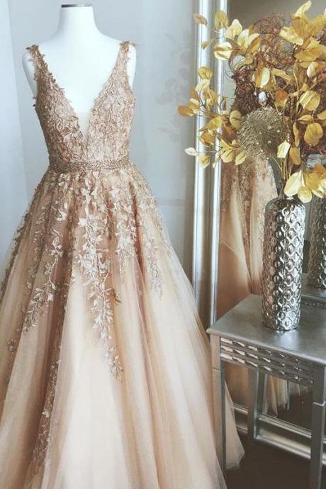 2019 Gorgeous Champagne V-Neck Lace Prom Dress,Sleeveless Tulle Formal Dress,Hoco Dress for 2019 