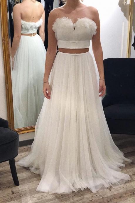 Simple White Two Piece Sweetheart Tulle Prom Dress,A-Line Fashion Homecoming Dress