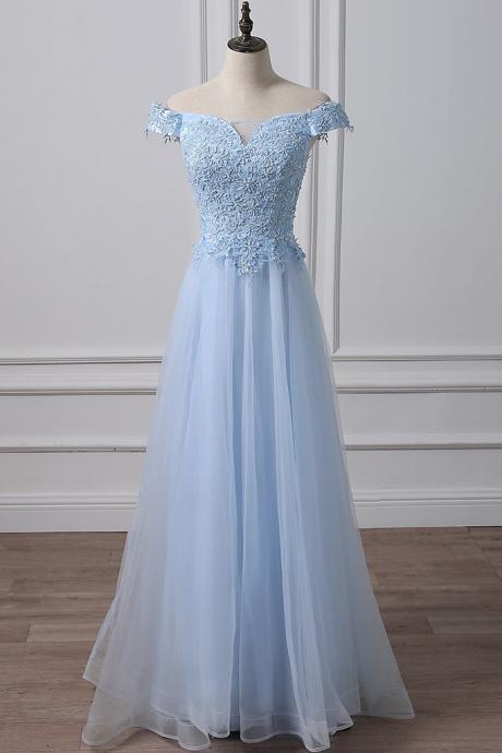 Light Blue Tulle Lace Prom Dresses,Off Shoulder Evening Dress,Lace Up Bridesmaid Dresses