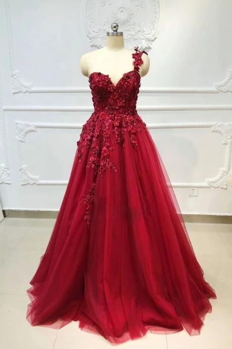 Elegant One Shoulder Appliqued Prom Dress,Tulle Lace Evening Dress,Bridesmaid Dress