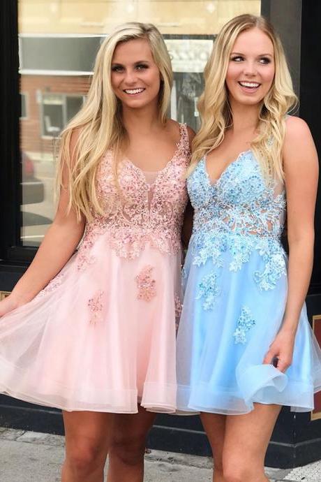 Cute V Neck Tulle Lace Homecoming Dress,Eleganat Sleeveless Short Prom Dress,A Line Party Dress