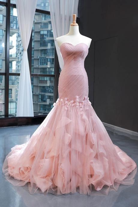 Pink Sweetheart Tulle Prom Dress Mermaid Formal Ball Gowns Gorgeous Evening Dress with Sweep Train