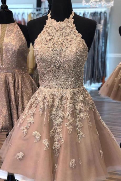 Cute Champagne Halter Lace Homecoming Dress Short Prom Dress