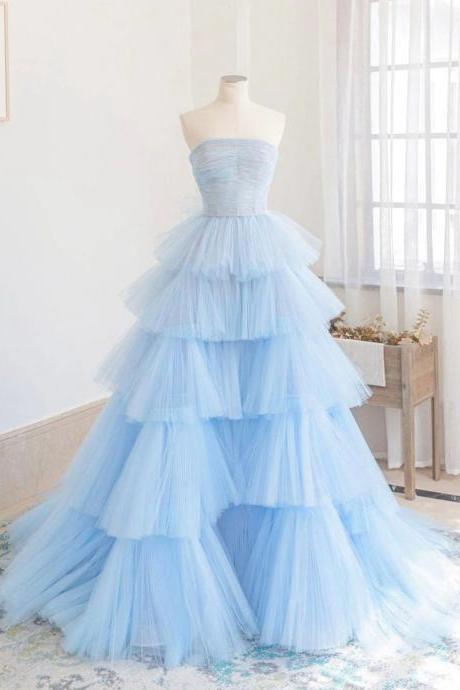 Blue strapless tulle long prom dress,evening dress