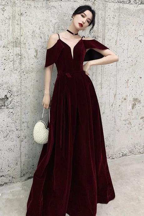 Burgundy V Neck Velvet Long Prom Dress,Off Shoulder Evening Dress