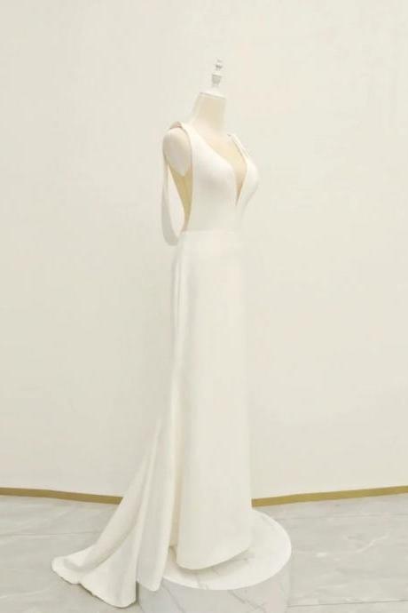 Simple V-Neck White Wedding Dress Mermaid Prom Dress Evening Gowns