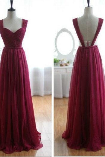 Straps Long Chiffon Prom Dress A line Wine Red Bridesmaid Dresses