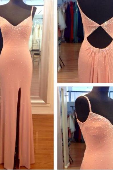 2017 High Slit Prom Dress,Mermaid Prom Dress,Pink Evening Dress,Cut Out Long Evening Dress,V neckline Party Dress with Beaded