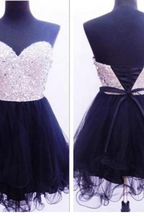 Cute Sweetheart A Line Tulle Lace Up Homecoming Dress,Short Prom Dress,Beaded Formal Dress