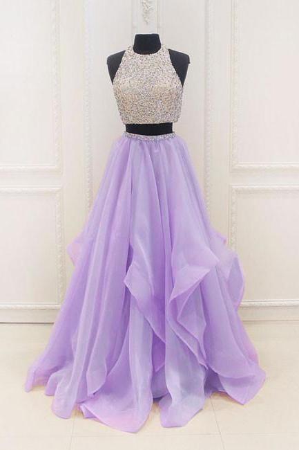 Charming Two Pieces A Line Sleeveless Prom Dress,Sparkly Beaded Top Homecoming Dress
