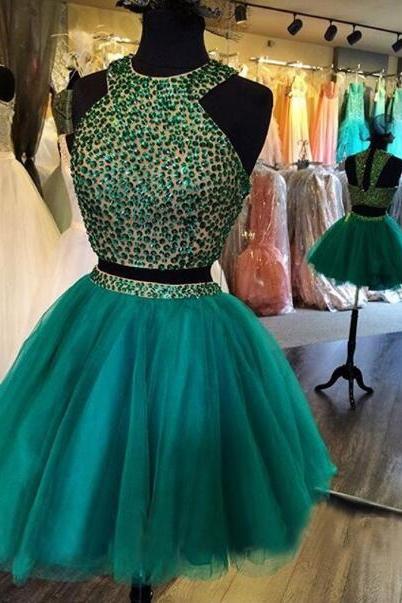 A Line Two Piece Halter Beading Homecoming Dress,Tulle Party Dress,Green Cute Short Prom Dress