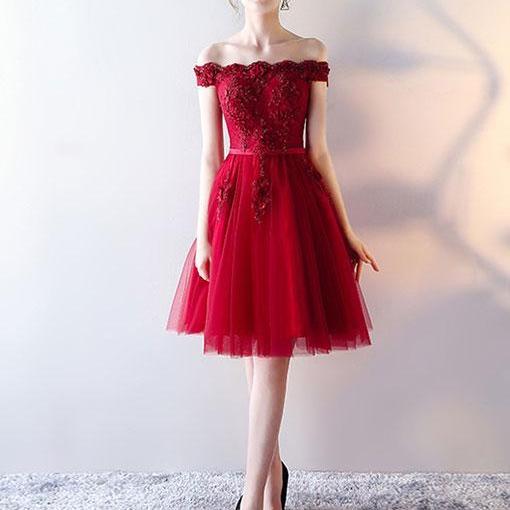 Red Cute Off-Shoulder Tulle Homecoming Dress,A-Line Lace Applique Prom ...