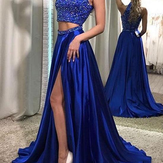 Royal Blue Two-Piece Beaded Prom Dress,Long Blue Evening Dress on Luulla