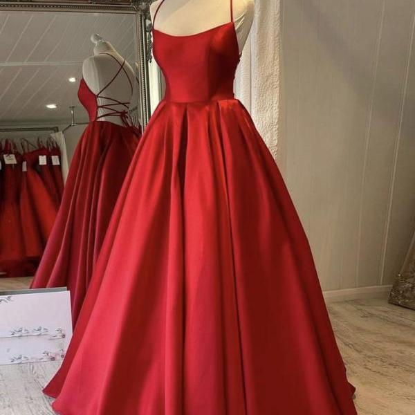 Simple Red Satin Long Prom Dress,Evening Dress,A line Evening Gown