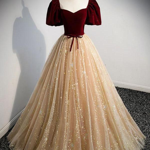Burgundy Velvet Prom Dress with Tulle Skirt ,A Line Evening Dress