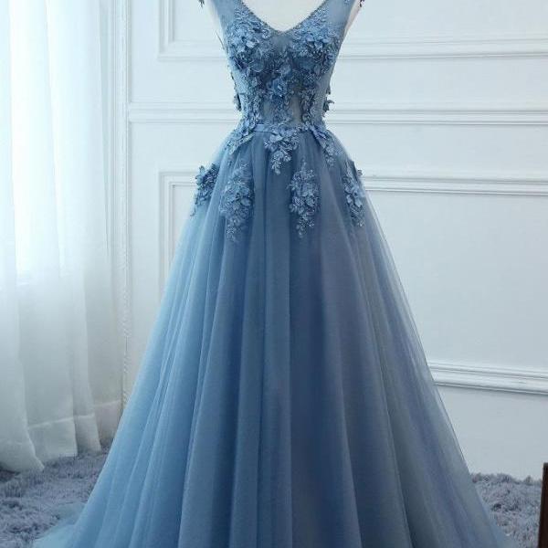 A Line V Neck Dusty Blue Lace Prom Dress,Tulle Lace Formal Dreses,Evening Dress