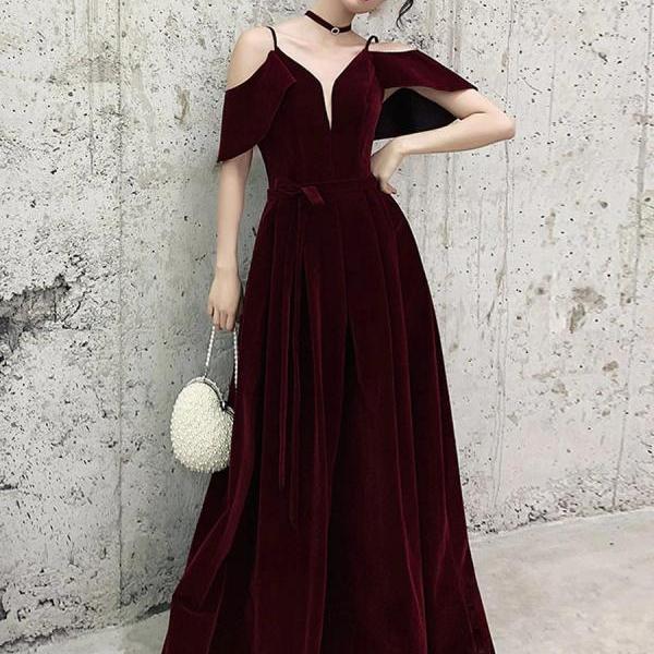 Burgundy V Neck Velvet Long Prom Dress,Off Shoulder Evening Dress