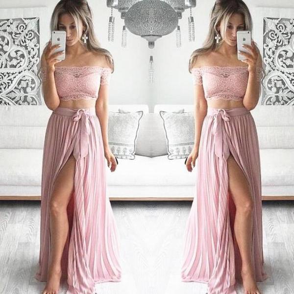 Blush Two-Pieces Long High Slit Pleated Evening Dress Featuring Lace ...