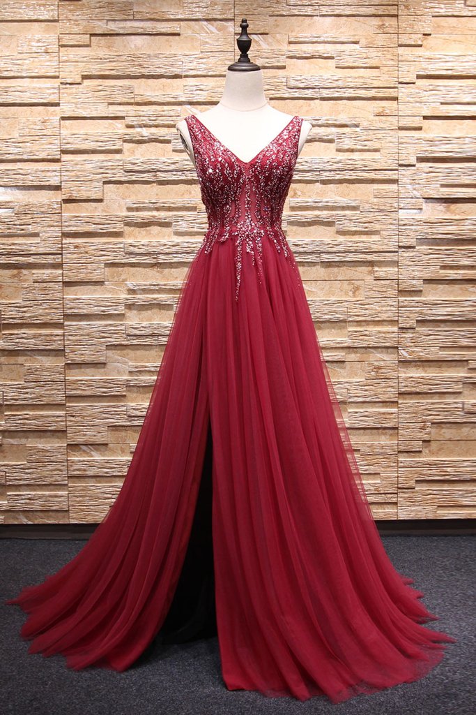 Burgundy Tulle Beaded Sequins Long Evening Dress,V-Neck Prom Dress on ...