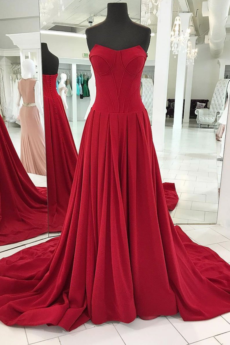 Charming Strapless Red Long Prom Formal Gowns,Red Long Evening Dress on