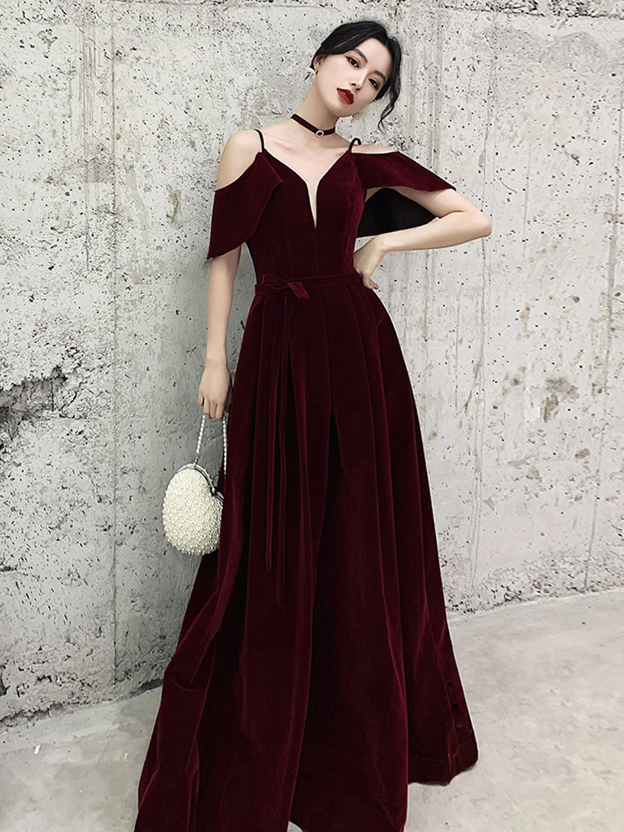Burgundy V Neck Velvet Long Prom Dress,Off Shoulder Evening Dress on Luulla