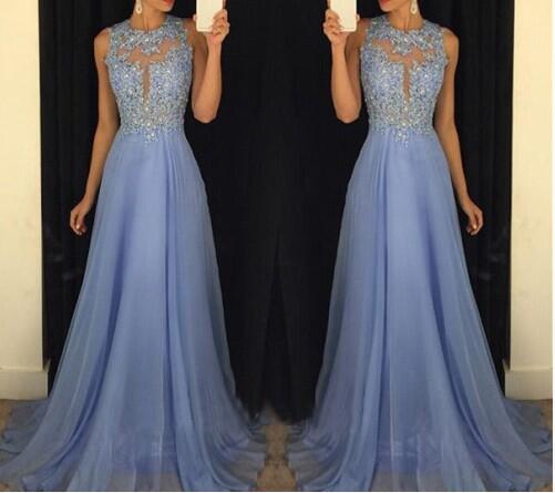 Carolina Blue Beaded Lace Appliques Chiffon Prom Dress With Cut Out ...